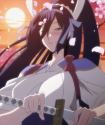Rule 34 | 1girl, blush, breasts, flower, gradient background, highres, large breasts, long hair, mushibugyou, petals, screencap, smile, solo, stitched, sun, sword, third-party edit, tsukishima kanae, weapon