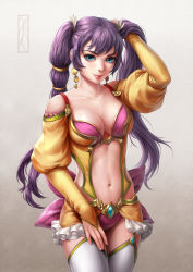 Rule 34 | 1girl, blue eyes, blue gemstone, breasts, bridal gauntlets, center opening, cleavage, closed mouth, collarbone, cowboy shot, detached sleeves, earrings, fingernails, flower, frills, garter straps, gem, hair flower, hair ornament, hand in own hair, hand on own hip, highres, jewelry, kotikomori, lips, long hair, long sleeves, looking at viewer, medium breasts, navel, original, puffy long sleeves, puffy sleeves, purple hair, realistic, red rope, redrawn, rope, side slit, simple background, smile, solo, standing, stomach, thighhighs, twintails, very long hair, white background, white thighhighs