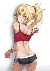Rule 34 | 1girl, ass, back, bare shoulders, black shorts, blonde hair, blush, braid, breasts, butt crack, camisole, closed mouth, commentary, dolphin shorts, fang, fang out, fate/apocrypha, fate (series), french braid, green eyes, hair ornament, hair scrunchie, jewelry, long hair, looking at viewer, looking back, mordred (fate), mordred (fate/apocrypha), necklace, parted bangs, ponytail, red camisole, red scrunchie, scrunchie, short shorts, shorts, shoulder blades, sidelocks, smile, solo, strap pull, thighs, tonee, undressing