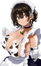 Rule 34 | 1girl, animal print, apron, bell, bikini, blue choker, blush, breasts, brown eyes, brown hair, choker, cleavage, closed mouth, commentary request, covered erect nipples, cow print, elbow gloves, frilled apron, frills, gloves, gomashi (goma), hair between eyes, large breasts, looking at viewer, maid, maid headdress, mole, mole on breast, mole under eye, neck bell, original, print bikini, print gloves, short hair, simple background, smile, solo, swimsuit, waist apron, white apron, white background, white gloves
