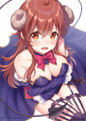 Rule 34 | 1girl, bare shoulders, blush, bow, bowtie, breasts, cleavage, commentary request, curled horns, demon girl, demon horns, demon tail, detached sleeves, fang, from above, highres, horns, large breasts, long hair, looking at viewer, looking up, machikado mazoku, open mouth, red bow, red bowtie, red eyes, red hair, sakunagita, simple background, solo, tail, tears, twitter username, white background, yoshida yuuko (machikado mazoku)