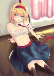 Rule 34 | 1girl, alice margatroid, arm support, bare arms, bare shoulders, blonde hair, blue eyes, blue skirt, blush, boots, bra, breasts, brown footwear, capelet, cleavage, commentary request, cross-laced footwear, culter, curtains, feet out of frame, frilled hairband, frills, from above, hair between eyes, hairband, head tilt, indoors, jewelry, lace-up boots, lolita hairband, looking at viewer, navel, parted lips, petticoat, puppet rings, puppet strings, red hairband, red neckwear, red sash, ring, sash, short hair, sitting, skirt, small breasts, smile, solo, stomach, strap slip, touhou, underwear, white bra, white capelet, wooden floor