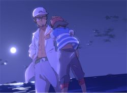 Rule 34 | 2boys, abs, ame (ame025), ash ketchum, baseball cap, black eyes, closed mouth, cloud, commentary request, creatures (company), facial hair, game freak, glasses, grey pants, hand on another&#039;s head, hat, kukui (pokemon), lab coat, looking down, male focus, moon, multiple boys, night, nintendo, outdoors, pants, pokemon, pokemon (anime), pokemon sm (anime), reflection, semi-rimless eyewear, shirt, short sleeves, sky, smile, standing, striped clothes, striped shirt, water, white headwear