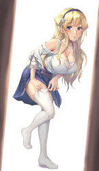 Rule 34 | 1girl, blonde hair, blue skirt, blush, breasts, cleavage, collarbone, fletcher (kancolle), full body, hair ornament, highres, kantai collection, kokuzou, large breasts, long hair, looking at viewer, open mouth, purple eyes, shirt, skirt, sleeves past elbows, solo, star (symbol), star hair ornament, thighhighs, white shirt, white thighhighs