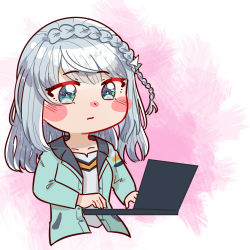 Rule 34 | 1girl, blue eyes, blue jacket, blush stickers, braid, buttons, chibi, closed mouth, commentary, commission, computer, cropped torso, english commentary, expressionless, french braid, grey hair, highres, jacket, kagami masara, laptop, long sleeves, looking at object, magia record: mahou shoujo madoka magica gaiden, mahou shoujo madoka magica, medium hair, mogu m.g, official alternate costume, pink background, second-party source, shirt, sidelocks, single braid, solo, swept bangs, upper body, white shirt