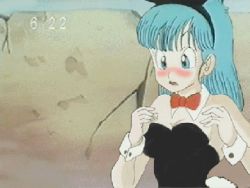 Rule 34 | 1990s (style), 1girl, animal ears, animated, animated gif, aqua eyes, aqua hair, bare shoulders, black hairband, black leotard, blue eyes, blue hair, blunt bangs, blush, bouncing breasts, bow, bowtie, breasts, breasts out, bulma, clock, clockshow, closed mouth, crack, detached collar, dragon ball, dragon ball (classic), fake animal ears, fake tail, flashing, from side, gender transformation, hairband, leotard, leotard pull, light smile, long hair, looking down, looking to the side, lowres, matching hair/eyes, medium breasts, nipples, nose blush, nude filter, oolong, parted lips, playboy bunny, pulled by self, rabbit ears, rabbit tail, red bow, red bowtie, retro artstyle, screencap, smile, solo, strapless, strapless leotard, tail, third-party edit, timestamp, top pull, topdown, undressing, upper body, wrist cuffs