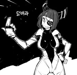 Rule 34 | 1girl, @ @, beckoning, biker clothes, bikesuit, blunt bangs, bodysuit, breasts, come at me bro, dowman sayman, drill hair, eyepatch, fingerless gloves, gloves, greyscale, hair ornament, han juri, hand on own hip, korean text, large breasts, monochrome, short hair, smile, solo, spiked hair, street fighter, street fighter v, twin drills