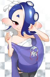 Rule 34 | 1girl, absurdres, black pants, blue hair, breasts, chest sarashi, commentary, cowboy shot, dot nose, hair over one eye, highres, medium hair, nintendo, octoling, omnivore-kun (pixiv92911323), pants, red eyes, sarashi, shiver (splatoon), small breasts, smile, solo, splatoon (series), splatoon 3, tentacle hair, thick eyebrows, torn clothes, torn pants, white background