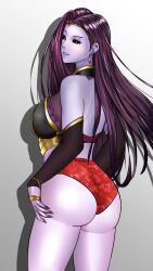 Rule 34 | 1girl, ass, back, black sclera, blue lips, breasts, bridal gauntlets, bright pupils, circlet, colored sclera, colored skin, corruption, dark persona, diamond earrings, earrings, elbow gloves, eyeshadow, fire emblem, fire emblem echoes: shadows of valentia, fire emblem gaiden, gem, gloves, gradient background, hand on own hip, highres, jewelry, jyx3, large breasts, long hair, looking at viewer, looking back, makeup, mature female, nintendo, panties, purple eyeshadow, purple hair, purple nails, purple skin, red gemstone, red panties, shadow, sideboob, smile, solo, sonya (fire emblem gaiden), thighs, twitter username, underwear, wedgie, white pupils