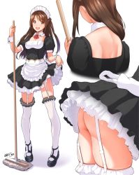 Rule 34 | 1girl, :d, apron, artist name, ass, black dress, black footwear, blush, breasts, brown eyes, brown hair, close-up, detached collar, dress, frilled apron, frills, garter straps, half updo, holding, idolmaster, idolmaster cinderella girls, long hair, looking at viewer, maid, maid headdress, mary janes, medium breasts, mop, multiple views, nanahime, nape, no panties, open mouth, puffy short sleeves, puffy sleeves, shimamura uzuki, shoes, short sleeves, signature, simple background, smile, thighhighs, thighs, waist apron, white background, white thighhighs, wrist cuffs