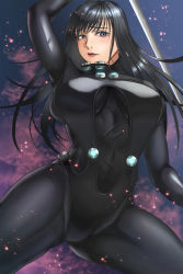 Rule 34 | 1girl, arm up, black bodysuit, black hair, blue eyes, bodysuit, breasts, commentary request, gantz, gantz suit, gantz sword, highres, holding, holding sword, holding weapon, large breasts, looking at viewer, parted lips, reimei33, shimohira reika, solo, spread legs, sword, thighs, weapon