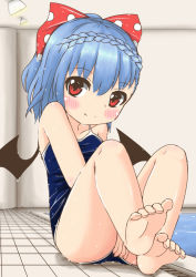 Rule 34 | 1girl, ass, barefoot, bow, child, fang, feet, hair bow, looking at viewer, nyt, on floor, one-piece swimsuit, shiny skin, solo, swimsuit, touhou, wings