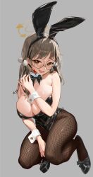 Rule 34 | 1girl, absurdres, animal ears, bare shoulders, black bow, black bowtie, black footwear, black leotard, black pantyhose, blue archive, bow, bowtie, breasts, brown eyes, brown hair, candy, cleavage, closed mouth, dated, detached collar, fake animal ears, fishnet pantyhose, fishnets, food, full body, glasses, grey background, halo, highres, large breasts, leotard, lollipop, long hair, looking at viewer, moe (blue archive), own hands together, pantyhose, playboy bunny, qualia (quaquaqualia), rabbit ears, round eyewear, simple background, solo, squatting, strapless, strapless leotard, tattoo, twintails, very long hair, wrist cuffs, yellow halo