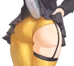 Rule 34 | 1girl, arknights, ass, ass focus, black jacket, black skirt, clothes lift, garter straps, highres, jacket, lifting own clothes, lower body, pantyhose, radioneet, simple background, single garter strap, single leg pantyhose, single thighhigh, skindentation, skirt, skirt lift, solo, tail, thighhighs, utage (arknights), utage (disguise) (arknights), white background, yellow pantyhose, yellow thighhighs