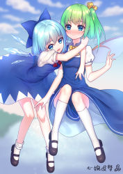 Rule 34 | 2girls, :d, absurdres, black footwear, blue dress, blue eyes, blue hair, blush, bow, chi yei, cirno, closed mouth, clothes between thighs, cloud, daiyousei, day, dress, fairy wings, flying, full body, green hair, hair bow, highres, hug, ice, ice wings, kneehighs, looking at viewer, looking back, mary janes, multiple girls, nose blush, open mouth, pinafore dress, puffy short sleeves, puffy sleeves, red bow, shirt, shoes, short hair, short sleeves, side ponytail, sky, sleeveless, sleeveless dress, smile, socks, touhou, white shirt, white socks, wind, wind lift, wings, yellow bow