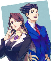 Rule 34 | 1boy, 1girl, :d, ace attorney, black eyes, black hair, black jacket, blue background, blue jacket, blunt ends, breast pocket, breasts, brown eyes, brown hair, buttons, cleavage, collared shirt, crossed arms, earrings, hand on own face, hand up, hands on own hips, jacket, jewelry, lapel pin, lapels, large breasts, long hair, looking at viewer, magatama, magatama necklace, medium breasts, mia fey, necklace, necktie, open mouth, phoenix wright, pocket, red necktie, scarf, shino (shino dgs), shirt, short hair, smile, spiked hair, swept bangs, upper body, white shirt, yellow scarf