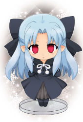 Rule 34 | 00s, 1girl, arms behind back, bad id, bad pixiv id, black dress, blue hair, blush, bow, capelet, chibi, dress, empty eyes, faux figurine, hair bow, half updo, len (tsukihime), long hair, pantyhose, pointy ears, red eyes, snowflakes, solo, tsukihime, zipang (zip@ng works)