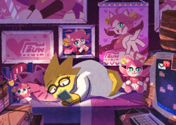 Rule 34 | 1girl, absurdres, alphys, bed, bedroom, black-framed eyewear, black eyes, cellphone, character doll, colored skin, commentary request, computer, covered mouth, doll, full body, furry, furry female, glasses, highres, holding, holding phone, indoors, jewelry, keyboard (computer), lying, mad mew mew, monitor, on bed, on side, phone, picture frame, pillow, poster (object), shirt, smartphone, solo, sticky note, undertale, unworn jewelry, watawata22, white shirt, yellow skin