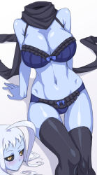 Rule 34 | 1girl, ahoge, black sclera, blue skin, blush, bra, breasts, cleavage, colored sclera, colored skin, disembodied head, dullahan, highres, huge ahoge, lace, lace-trimmed bra, lace trim, lala (monster musume), large breasts, lingerie, long hair, looking at viewer, mimizu (tokagex), monster girl, monster musume no iru nichijou, panties, scarf, solo, thigh gap, thighhighs, underwear, white hair, yellow eyes