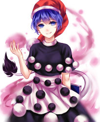 Rule 34 | 1girl, absurdres, bad id, bad pixiv id, blob, blue eyes, blue hair, book, capelet, cowboy shot, doremy sweet, dress, facing viewer, hat, highres, matching hair/eyes, nightcap, pom pom (clothes), red hat, sheya, short hair, simple background, smile, solo, tail, tapir tail, touhou, white background