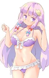 Rule 34 | 1girl, arnest, bare arms, bare shoulders, bikini, blue bow, blush, bow, breasts, cleavage, clenched hand, collarbone, commentary request, cowboy shot, crescent, crescent hair ornament, frills, groin, hair bow, hair ornament, halterneck, hands up, highres, large breasts, long hair, looking at viewer, navel, no headwear, patchouli knowledge, purple bikini, purple eyes, purple hair, red bow, sidelocks, simple background, solo, standing, stomach, swimsuit, thighs, touhou, very long hair, white background, white bow
