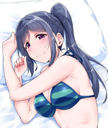 Rule 34 | 1girl, bikini, blue bikini, breasts, cleavage, closed mouth, fingernails, highres, large breasts, long hair, looking at viewer, love live!, love live! sunshine!!, lying, matsuura kanan, nail polish, on side, pillow, ponytail, purple eyes, red nails, smile, solo, striped bikini, striped clothes, swimsuit, upper body, yopparai oni
