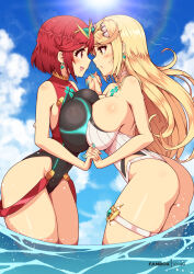 Rule 34 | 2girls, ass, bare arms, bare shoulders, black one-piece swimsuit, blonde hair, blue nails, blue sky, breast press, breasts, chest jewel, cloud, competition swimsuit, day, earrings, headpiece, holding hands, huge breasts, interlocked fingers, jewelry, large breasts, long hair, multiple girls, mythra (radiant beach) (xenoblade), mythra (xenoblade), nail polish, ocean, one-piece swimsuit, outdoors, pyra (pro swimmer) (xenoblade), pyra (xenoblade), red eyes, red hair, short hair, sky, standing, summer, swept bangs, swimsuit, symmetrical docking, thigh strap, thong, very long hair, virus-g, wading, wet, white one-piece swimsuit, xenoblade chronicles (series), xenoblade chronicles 2, yellow eyes