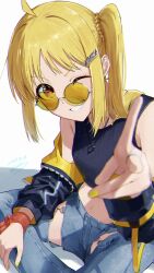 Rule 34 | 1girl, absurdres, bare shoulders, blonde hair, blue pants, bocchi the rock!, glasses, hair ornament, hand up, highres, ijichi nijika, jacket, jewelry, long sleeves, looking at viewer, navel, necklace, one eye closed, pants, partially undressed, removing jacket, seisyuntarotto, side ponytail, simple background, sitting, smile, solo, stomach, sunglasses, tank top, torn clothes, unworn jacket, white background, yellow nails