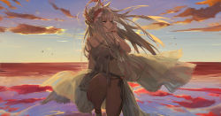 Rule 34 | 1girl, animal ears, arknights, bare shoulders, cloud, commentary, grey hair, hand up, koio, long hair, looking to the side, official alternate costume, outdoors, platinum (arknights), platinum (shimmering dew) (arknights), solo, thighs