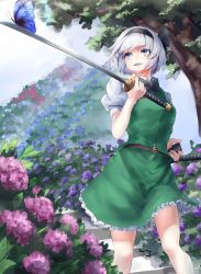 Rule 34 | 1girl, asllapistone, black bow, black bowtie, blue eyes, blunt bangs, bow, bowtie, bug, butterfly, commentary, day, feet out of frame, flower, green skirt, green vest, hair ribbon, highres, hydrangea, insect, konpaku youmu, looking to the side, outdoors, parted lips, petticoat, puffy short sleeves, puffy sleeves, ribbon, shirt, short hair, short sleeves, silver hair, skirt, solo, standing, sword, teeth, touhou, tree, unsheathed, upper teeth only, vest, weapon, white shirt
