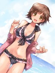 Rule 34 | 10s, 1girl, bad id, bad pixiv id, beach, bikini, black bikini, breasts, brown eyes, brown hair, cleavage, dutch angle, frilled bikini, frills, front-tie top, highres, honda mio, idolmaster, idolmaster cinderella girls, large breasts, looking at viewer, navel, ocean, open mouth, outdoors, paopao, shiny skin, short hair, smile, solo, standing, striped bikini, striped clothes, swimsuit, tan, tanline, thigh gap, vertical-striped bikini, vertical-striped clothes, water, wet