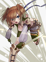 Rule 34 | 1girl, :o, blue eyes, brown hair, dagger, detached sleeves, dragon maker, dual wielding, female focus, fingerless gloves, gaou (umaiyo puyoman), gloves, highres, holding, jewelry, knife, leaning forward, necklace, open mouth, perspective, pouch, short hair, short twintails, solo, standing, standing on one leg, twintails, weapon