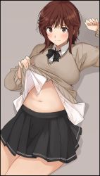Rule 34 | 1girl, amagami, bad id, bad pixiv id, black border, black bow, black skirt, blush, border, bow, breasts, brown eyes, brown hair, brown sweater, closed mouth, clothes lift, collared shirt, dress shirt, grey background, lifted by self, long sleeves, medium breasts, mobu, navel, open clothes, open shirt, pleated skirt, sakurai rihoko, shadow, shirt, shirt lift, skirt, solo, stomach, sweater, sweater lift, white shirt