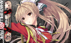 Rule 34 | 1girl, amagi brilliant park, arm at side, brown eyes, brown hair, commission, copyright name, english text, long hair, looking to the side, military uniform, official art, outstretched arm, parted lips, ponytail, ribbon, sento isuzu, solo, uniform, white ribbon, yaki mayu