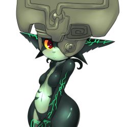 Rule 34 | 1girl, colored sclera, colored skin, colorized, helmet, looking at viewer, mato spectoru, midna, multicolored skin, navel, neon trim, nintendo, no nipples, no pussy, nude, one eye covered, red eyes, solo, the legend of zelda, the legend of zelda: twilight princess, two-tone skin, yellow sclera