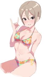Rule 34 | 1girl, arm behind back, bare shoulders, bikini, black eyes, blush, breasts, cellomaiko, cleavage, collarbone, cropped legs, fox shadow puppet, grey hair, hair between eyes, hand up, idolmaster, idolmaster cinderella girls, idolmaster cinderella girls starlight stage, looking at viewer, medium breasts, mismatched bikini, navel, parted lips, shiomi syuko, short hair, side-tie bikini bottom, simple background, sitting, smile, solo, swimsuit, white background