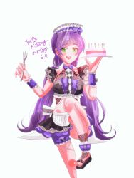 Rule 34 | 1girl, apron, artist name, artist request, back bow, bare legs, bare shoulders, black footwear, black skirt, blush, bow, cake, dress, feet, female focus, food, frilled dress, frills, green eyes, hair bobbles, hair ornament, highres, hitsunekonui, holding, holding plate, long hair, looking at viewer, love live!, love live! school idol project, maid, maid apron, maid cap, maid headdress, plate, purple bow, purple hair, purple skirt, sandals, sitting, skirt, solo, tojo nozomi, twintails, white background