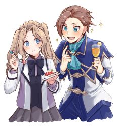 Rule 34 | 1boy, 1girl, :t, absurdres, aqua eyes, ascot, black bow, black neckwear, blue eyes, blue neckwear, bow, bowtie, brooch, brother and sister, brown hair, cake, capelet, commentary, cup, drinking glass, eating, food, fork, fruit, genderswap, genderswap (ftm), genderswap (mtf), grey skirt, highres, jewelry, katarina claes, keith claes, light brown hair, long hair, long sleeves, looking at another, mutton (user hafp8324), otome game no hametsu flag shika nai akuyaku reijou ni tensei shite shimatta, pleated skirt, pointing, pointing at self, siblings, simple background, skirt, sparkle, strawberry, swept bangs, twintails, white background