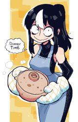 Rule 34 | 1girl, absurdres, apron, black dress, black gloves, black hair, breasts, dinner, dress, elbow gloves, english text, gloves, highres, large breasts, long dress, long hair, multicolored hair, noss (rariatto), original, oven mitts, ponytail, pot, rariatto (ganguri), shaded face, speech bubble, streaked hair, vampire, wavy mouth