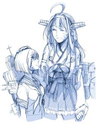 Rule 34 | 10s, 2girls, ^ ^, aged down, ahoge, blue theme, clenched hand, closed eyes, closed mouth, detached sleeves, grin, hair between eyes, hair ornament, hairband, hairclip, hamakaze (kancolle), hauza0324, headpat, height difference, kantai collection, kongou (kancolle), long hair, machinery, monochrome, multiple girls, nontraditional miko, profile, sailor collar, shirt, short hair, short sleeves, simple background, sketch, smile, white background, yamada rei (rou)