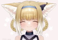 Rule 34 | 1girl, animal ear fluff, animal ears, arknights, blonde hair, braid, braided hair rings, choker, closed eyes, closed mouth, commentary request, dress, earpiece, fox ears, hair between eyes, hair rings, hairband, highres, infection monitor (arknights), looking at viewer, medium hair, multicolored hair, portrait, smile, solo, suiua, suzuran (arknights), tail, twitter username, two-tone hair, white dress, white hair