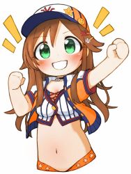 Rule 34 | arm up, baseball cap, baseball hair ornament, blush, breasts, brown hair, buttons, choker, cleavage, clenched hands, commentary request, cropped torso, green eyes, grin, hair flaps, hair ornament, hairclip, hand up, hat, highres, himekawa yuki, idolmaster, idolmaster cinderella girls, idolmaster cinderella girls starlight stage, jacket, long hair, looking at viewer, midriff, mugenhouyou, navel, orange hat, orange jacket, pinstripe pattern, shirt, short sleeves, smile, solo, striped, v-shaped eyebrows, white background, white shirt