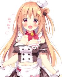 Rule 34 | 1girl, :d, ahoge, apron, black shirt, black skirt, black sleeves, blush, breasts, brown hair, chef hat, cleavage, collarbone, commentary request, crop top, detached sleeves, hair between eyes, hair bun, hair ornament, hat, heart, large breasts, long hair, looking at viewer, midriff, mini hat, navel, one side up, open mouth, original, pan (mimi), plaid, plaid skirt, puffy short sleeves, puffy sleeves, red eyes, shirt, short sleeves, side bun, simple background, single hair bun, single side bun, skirt, smile, solo, tilted headwear, translation request, very long hair, waist apron, white apron, white background, white hat, wrist cuffs