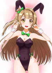Rule 34 | 10s, 1girl, animal ears, bad id, bad pixiv id, bow, bowtie, breasts, brown eyes, brown hair, cleavage, commission, covered navel, detached collar, fake animal ears, leotard, long hair, love live!, love live! school idol project, medium breasts, minami kotori, playboy bunny, rabbit ears, telaform, wrist cuffs