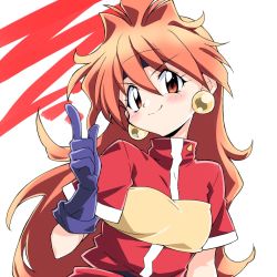 Rule 34 | 1girl, black gloves, black headband, closed mouth, commentary, earrings, gloves, head tilt, headband, highres, index finger raised, jewelry, lina inverse, long hair, looking at viewer, orange hair, red eyes, red shirt, shirt, short sleeves, slayers, smirk, solo, take shinobu, upper body