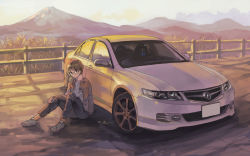 Rule 34 | 1girl, black pants, brown hair, brown jacket, car, commentary request, fence, glasses, highres, honda, honda accord, jacket, momo hiki, motor vehicle, original, outdoors, pants, personification, shirt, shoes, sitting, sneakers, solo, striped clothes, striped shirt, vehicle focus, white footwear, wooden fence