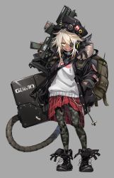 Rule 34 | 1girl, :d, assault rifle, backpack, bad id, bad twitter id, bag, black footwear, black jacket, boots, camouflage, checkered clothes, checkered skirt, clothes writing, commentary request, dark-skinned female, dark skin, eyepatch, full body, grey background, gun, hand in pocket, headphones, highres, holding, holding gun, holding weapon, hood, hoodie, jacket, long sleeves, looking at viewer, one eye covered, open clothes, open jacket, open mouth, original, pantyhose, pleated skirt, radio, red skirt, rifle, samei ikusa, sharp teeth, simple background, skirt, smile, solo, standing, teeth, thick eyebrows, trigger discipline, weapon, yellow eyes