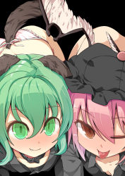 Rule 34 | 2girls, :p, all fours, animal ears, ass, bad id, bad pixiv id, black background, bottomless, breasts, brown eyes, choujuu gigaku, cleavage, collar, downblouse, fang, green eyes, green hair, hat, kasodani kyouko, lace, lace-trimmed panties, lace trim, multiple girls, mystia lorelei, no pants, one eye closed, panties, pink hair, pink panties, shamo (koumakantv), short hair, simple background, small breasts, smile, string panties, tail, tongue, tongue out, touhou, underwear, wings, wink