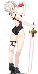 Rule 34 | 1girl, absurdres, ahoge, arched back, artoria pendragon (fate), ass, back cutout, black-framed eyewear, black one-piece swimsuit, braid, choker, clothing cutout, competition swimsuit, excalibur (fate/stay night), fate/grand order, fate (series), food, from behind, full body, glasses, grey hair, hair bun, highres, holding, holding sword, holding weapon, kamitsuki jack, licking lips, looking back, mysterious heroine x alter (fate), one-piece swimsuit, popsicle, semi-rimless eyewear, shoes, short hair, simple background, single hair bun, solo, swimsuit, sword, thigh strap, tongue, tongue out, under-rim eyewear, watermelon bar, weapon, white background, yellow eyes