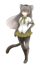 Rule 34 | 10s, 1girl, :&lt;, animal ears, boots, bow, bowtie, cat ears, cat tail, cross-laced footwear, elbow gloves, extra ears, frown, full body, gloves, green bow, green bowtie, green skirt, grey gloves, grey pantyhose, hand on own hip, ise (0425), jaguarundi (kemono friends), kemono friends, knee boots, lace-up boots, long hair, pantyhose, pleated skirt, short sleeves, simple background, skirt, solo, standing, tail, white background, yellow eyes